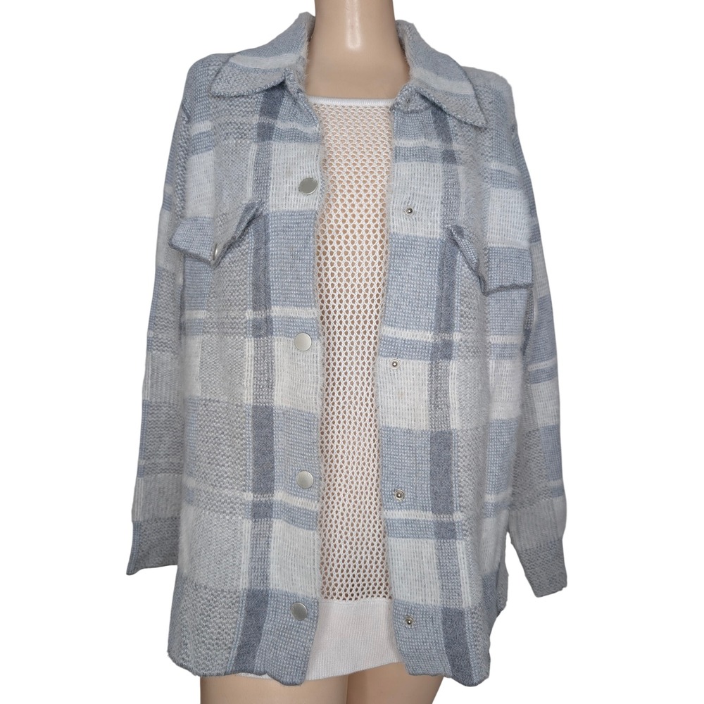 Rachel Zoe Blue Plaid Shacket Oversized Knit Cardigan Women Large Comfy Layer - Picture 2 of 6